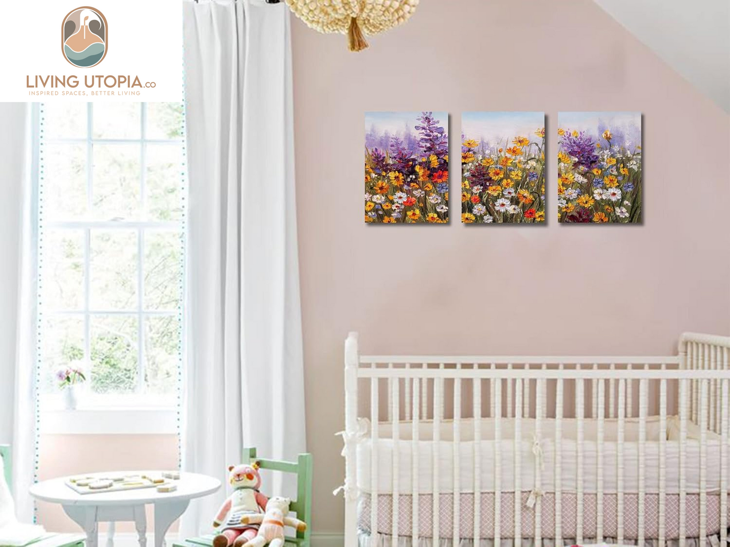 Flower Wall Art Daisy Colorful Canvas Romantic Floral Pictures Purple Yellow Painting, Wildflower Landscape Artwork Framed for Living Room Bedroom Bathroom Dinning Room Home Office Wall Decor