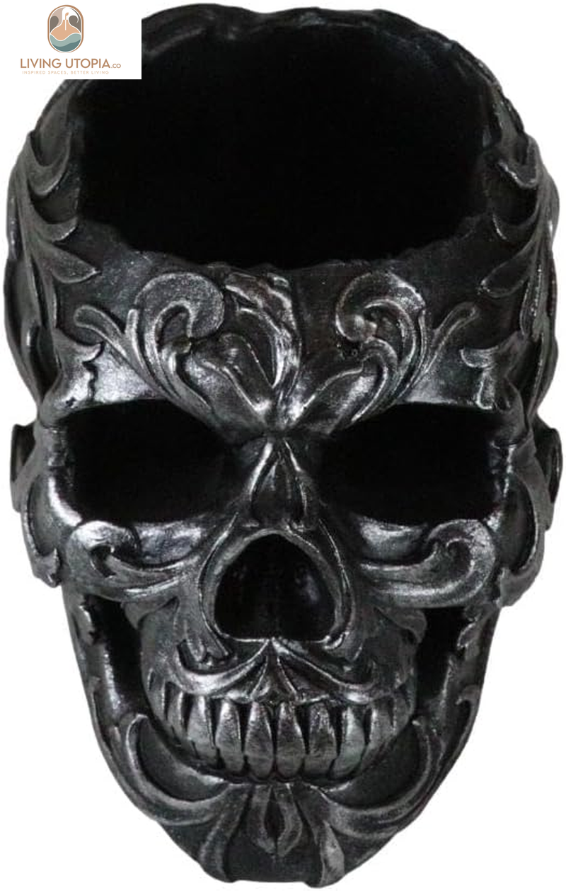 Set of 2 Tribal Tattoo Floral Skull Pen Holder Figurine 5.75" L Office Desktop Ossuary Skulls Decor Cranium Skeleton Head Stationery Holder as Halloween Macabre Graveyard Spooky Statue