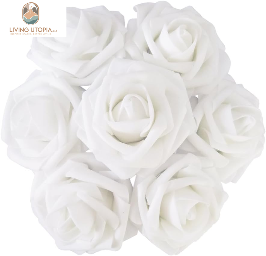 Artificial Flowers 50PCS Real Looking White Fake Roses with Stem for DIY Wedding Bouquets Centerpieces Party Baby Shower Home Decorations (White)