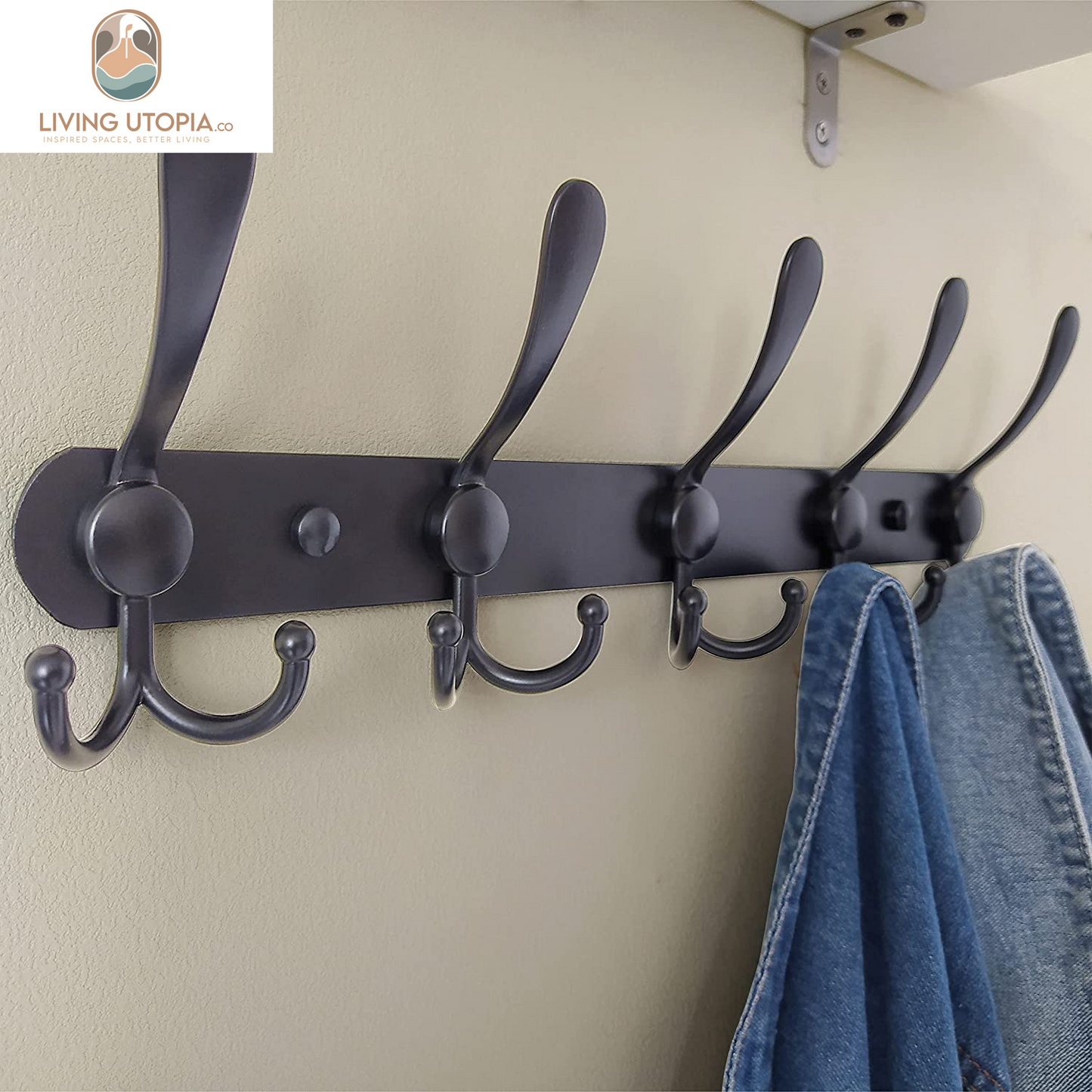 Coat Rack Wall Mounted - 5 Tri Hooks, Heavy Duty, Stainless Steel, Metal Coat Hook Rail for Coat Hat Towel Purse Robes Mudroom Bathroom Entryway (Black, 2 Packs)