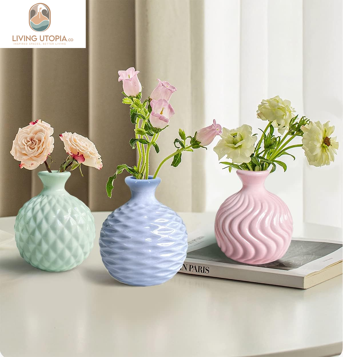 Ikebana Vase Flower Arrangement Bud Vase Hydroponics Macaron Colorful Ceramic Decorative Vase (Light Green)