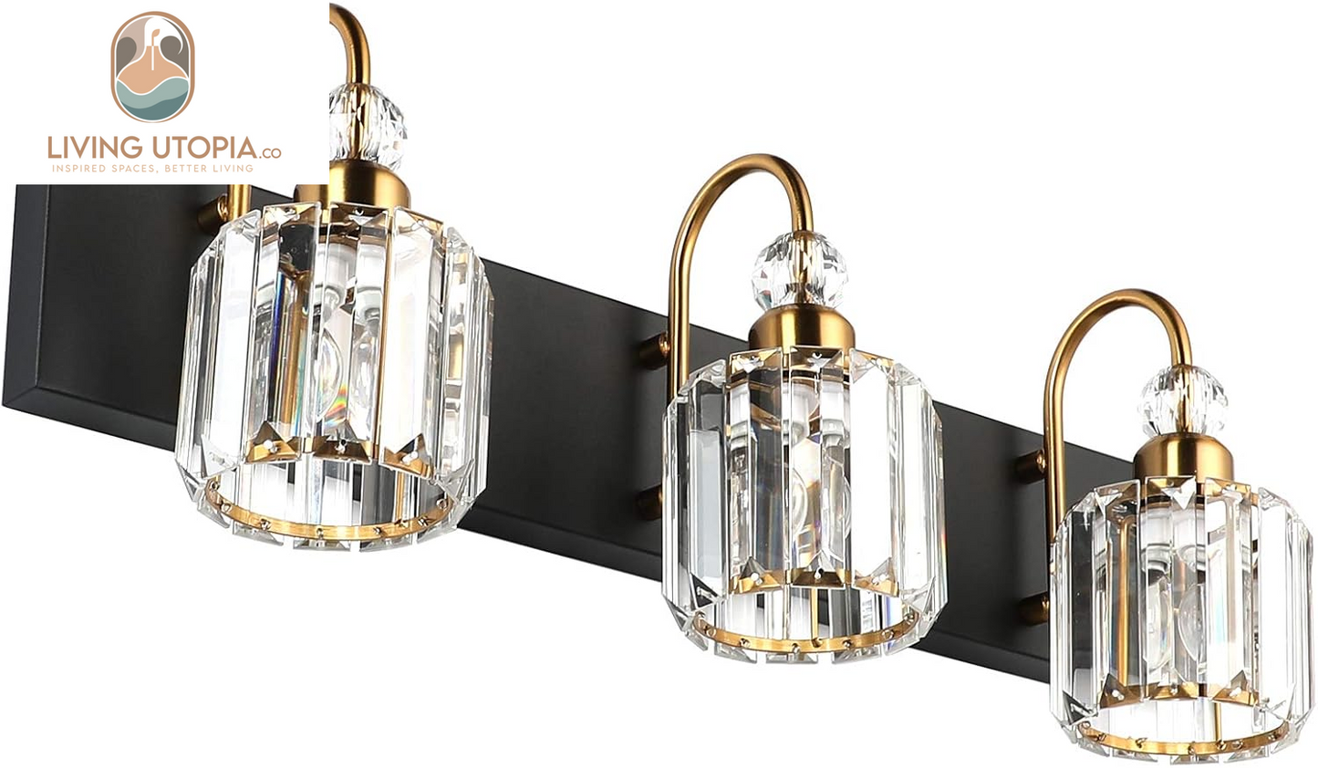 Modern Bathroom Vanity Light Fixture, 3-Lights, Black Metal & Crystal, HJ-8600-3T