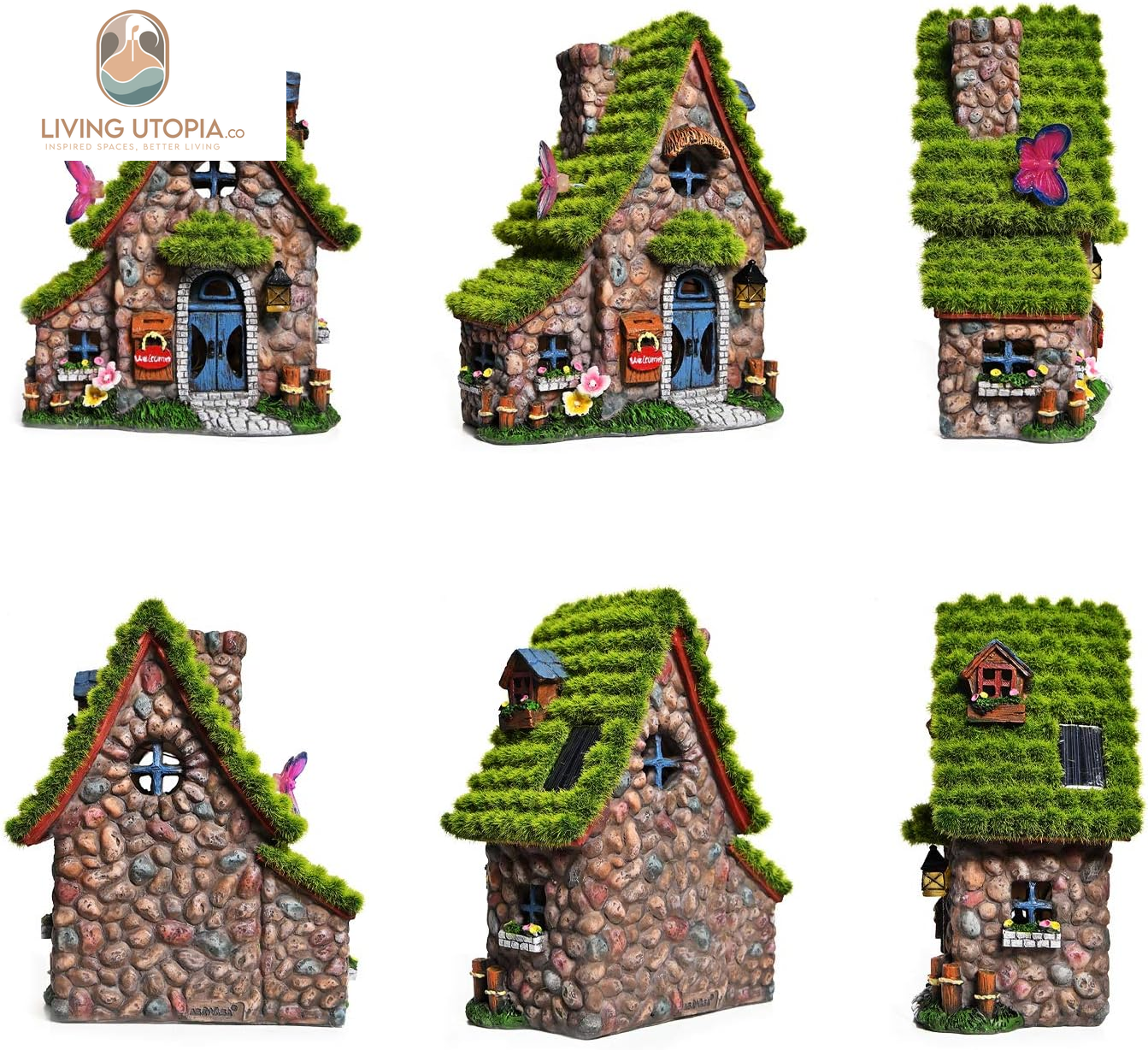 Resin Fairy House Statues with Solar Powered Lights, Funny Garden Sculptures with Flocked and Cobblestone Decor, Exquisite Garden Cottage Figurines