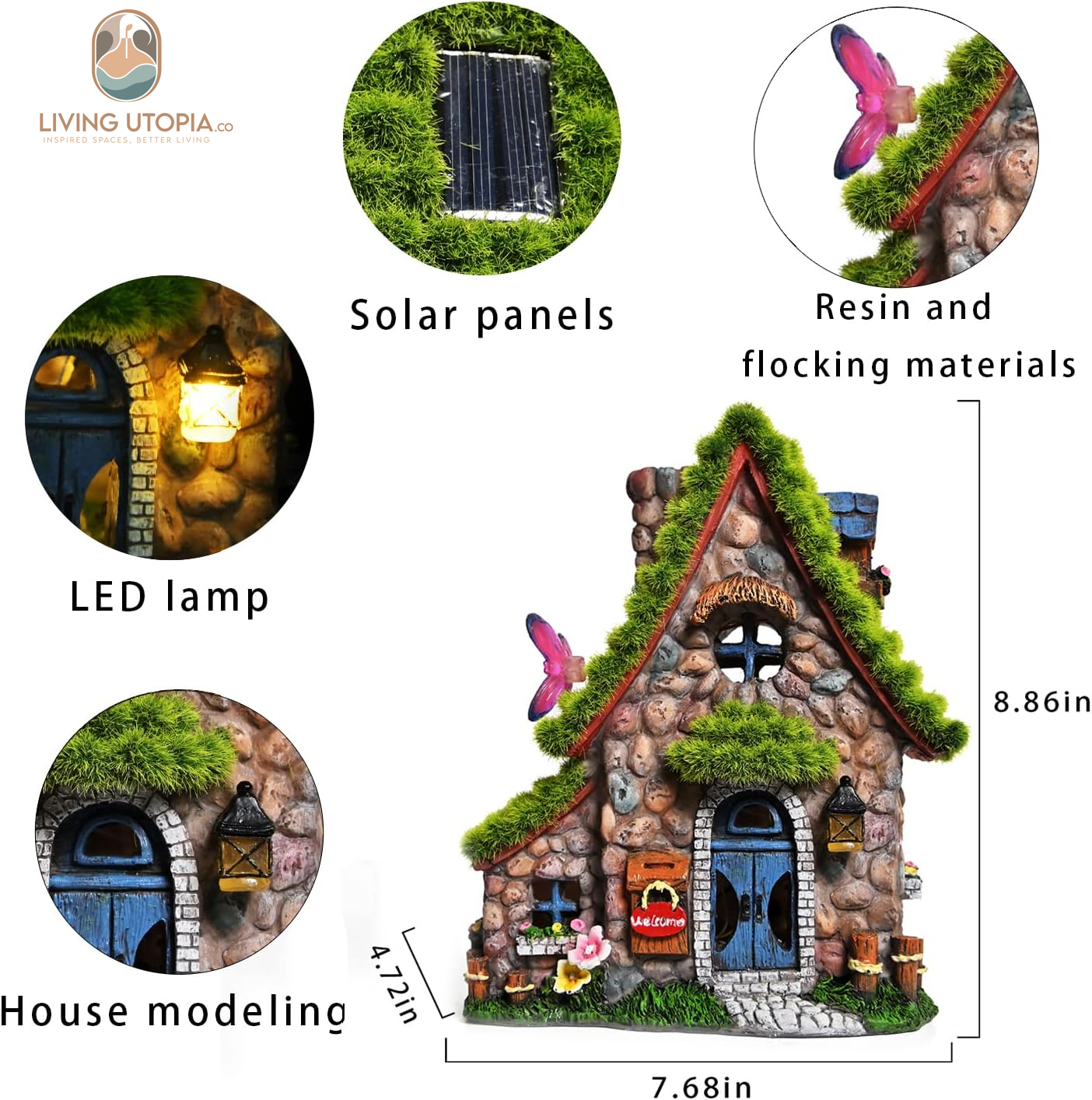 Resin Fairy House Statues with Solar Powered Lights, Funny Garden Sculptures with Flocked and Cobblestone Decor, Exquisite Garden Cottage Figurines