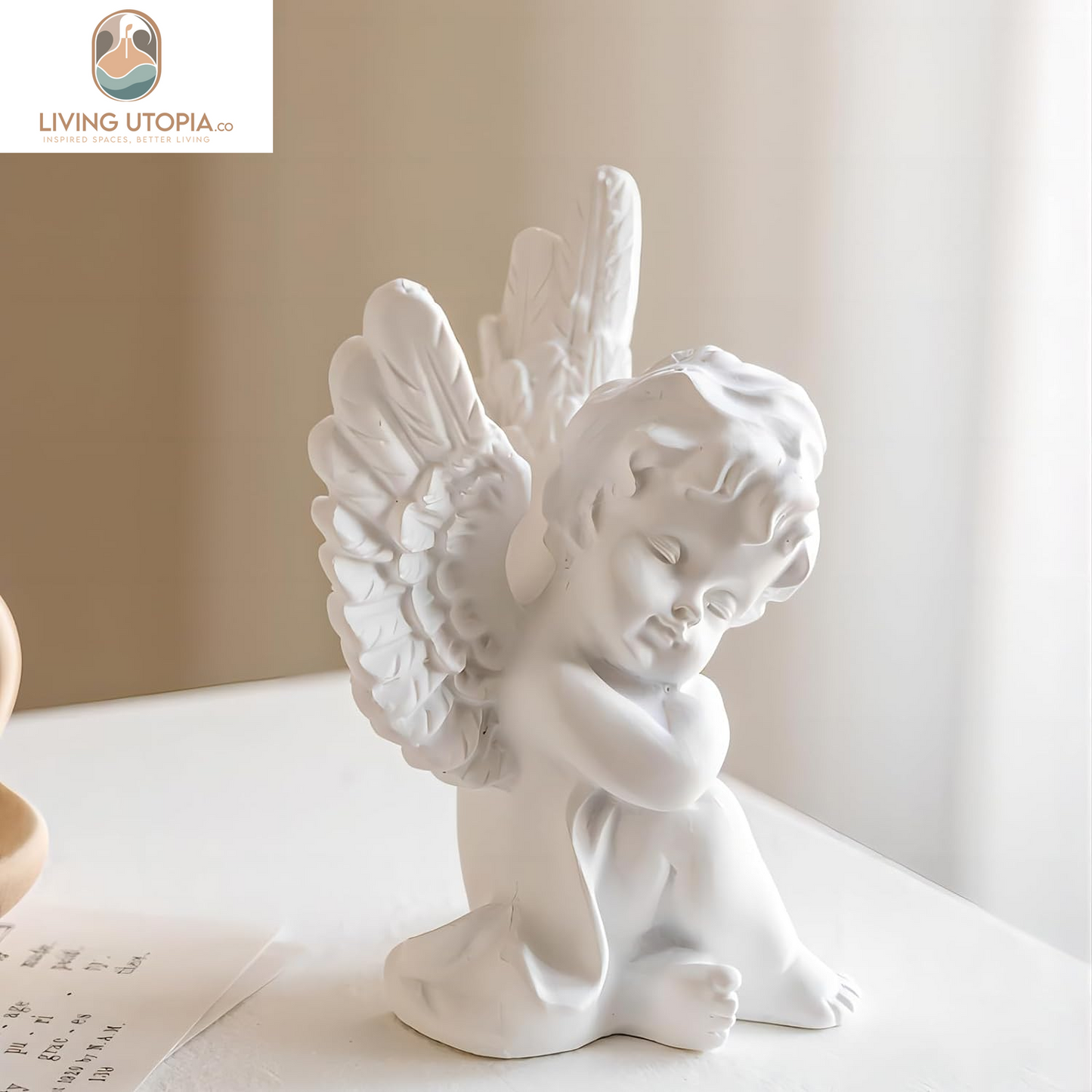 Set of 2 Cherubs Angels Resin Statue Figurine, Indoor Home Decoration, Adorable Angel Sculpture Memorial Statue 4" - White