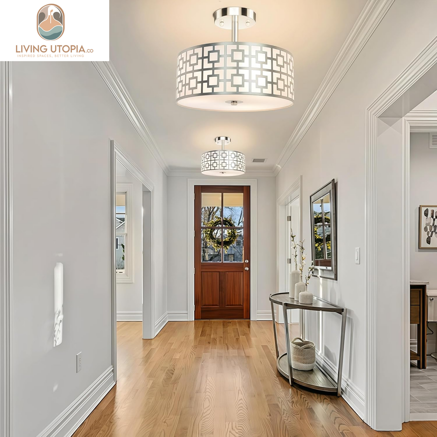 DLLT Flush Mount Ceiling Light: Modern 3-Light Brushed Nickel Kitchen Light Fixture - Drum Lighting Fixture for Dining Room - Silver Bedroom Ceiling Lamp with Double Shade