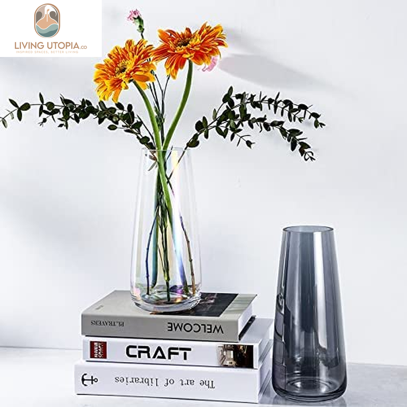 Glass Vase for Flowers Modern Vases Home Decor Unique Flower Vase for Bouquet 8.7" Centerpiece Vase Decor Room,Living Room,Library,Office,Table,Entryway,Modern Farmhouse(Iridescent Clear)