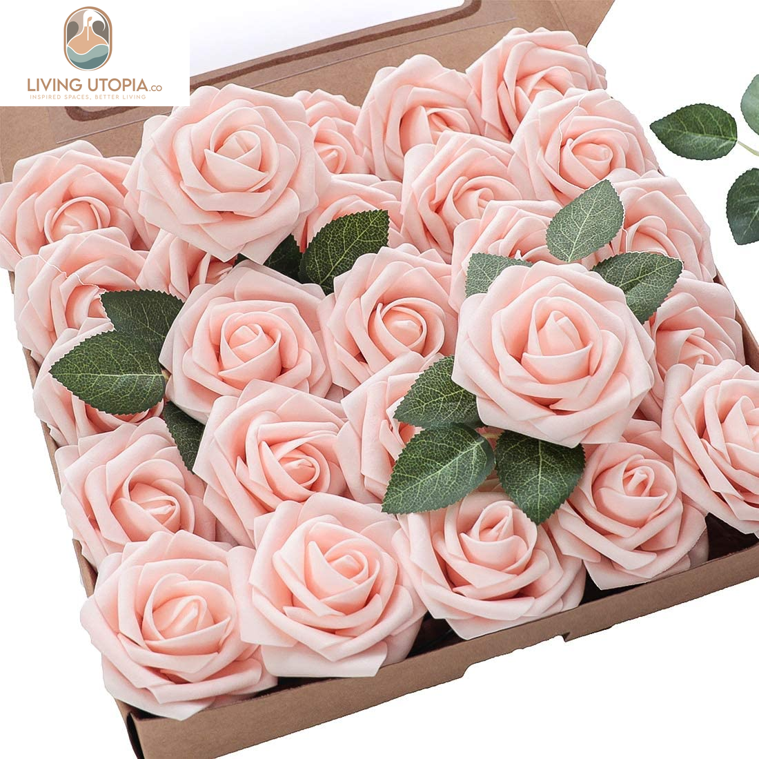 Artificial Flowers 25Pcs Real Looking Blush Foam Fake Roses with Stems for DIY Wedding Bouquets Bridal Shower Centerpieces Party Decorations