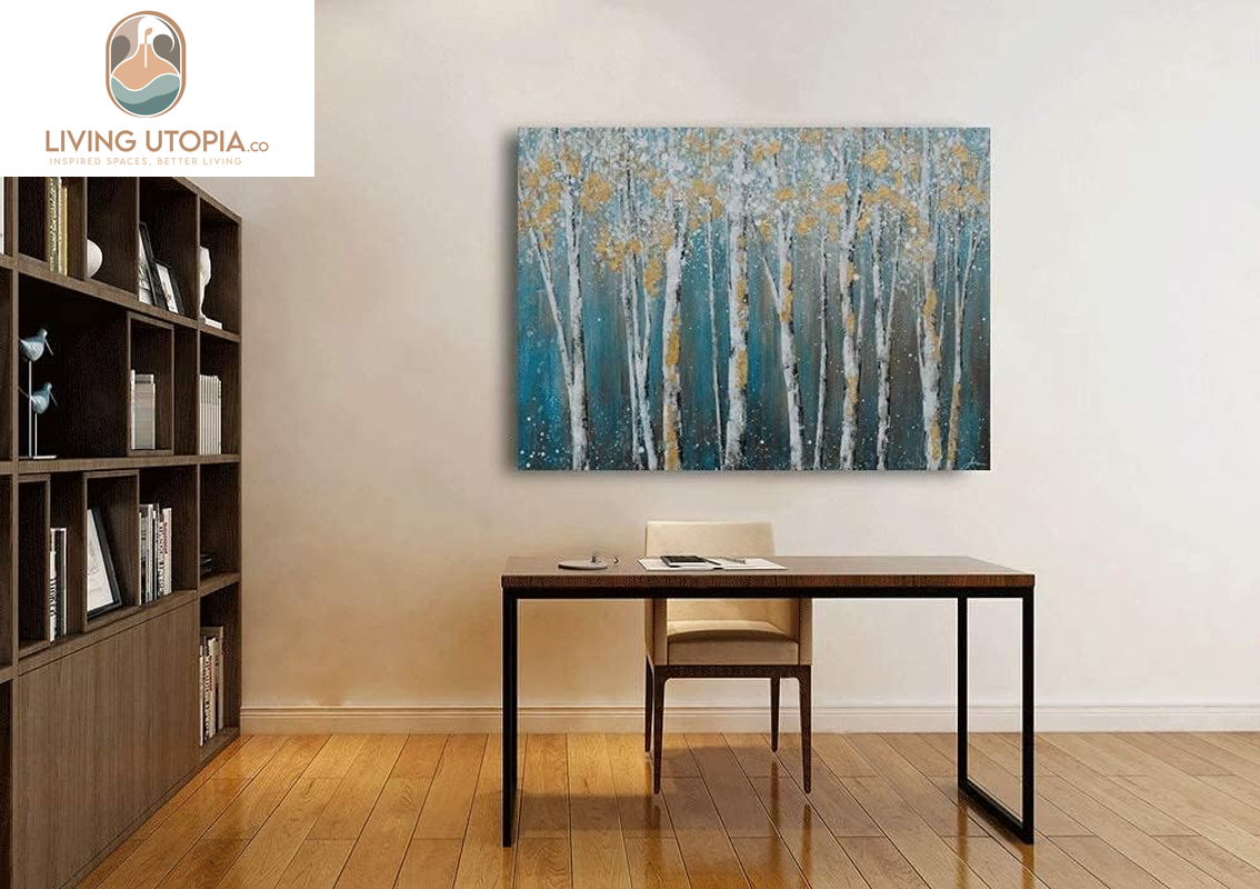 Birch Tree Canvas Wall Art Hand Painted Teal and White Color Painting with Gold Foil Modern Forest Pictures for Living Room Bedroom Office Decoration
