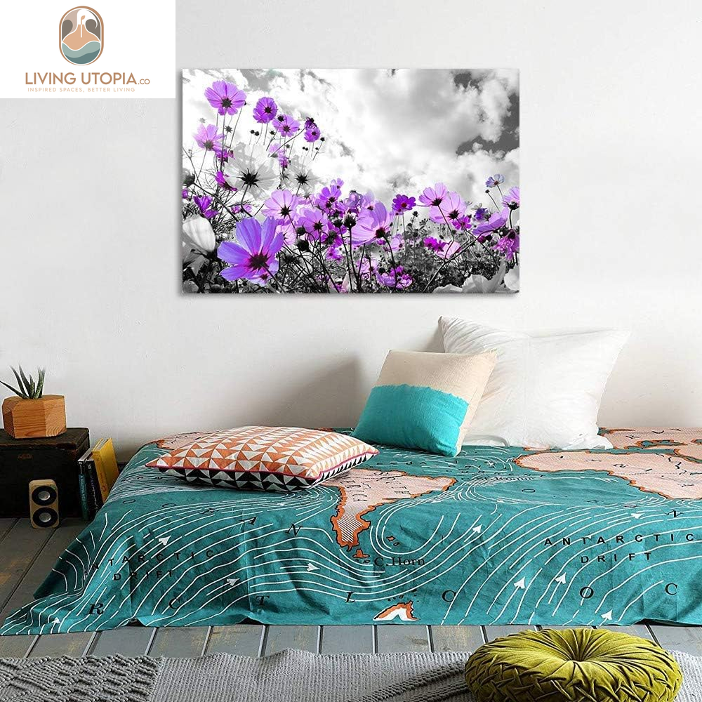 Canvas Wall Art Modern Purple Flowers Decor Black and White Framed Galsang Floral Print Poster Hanging Artwork Ready to Hang for Bedroom Living Room Bathroom Home Office Decoration 36L X 24W