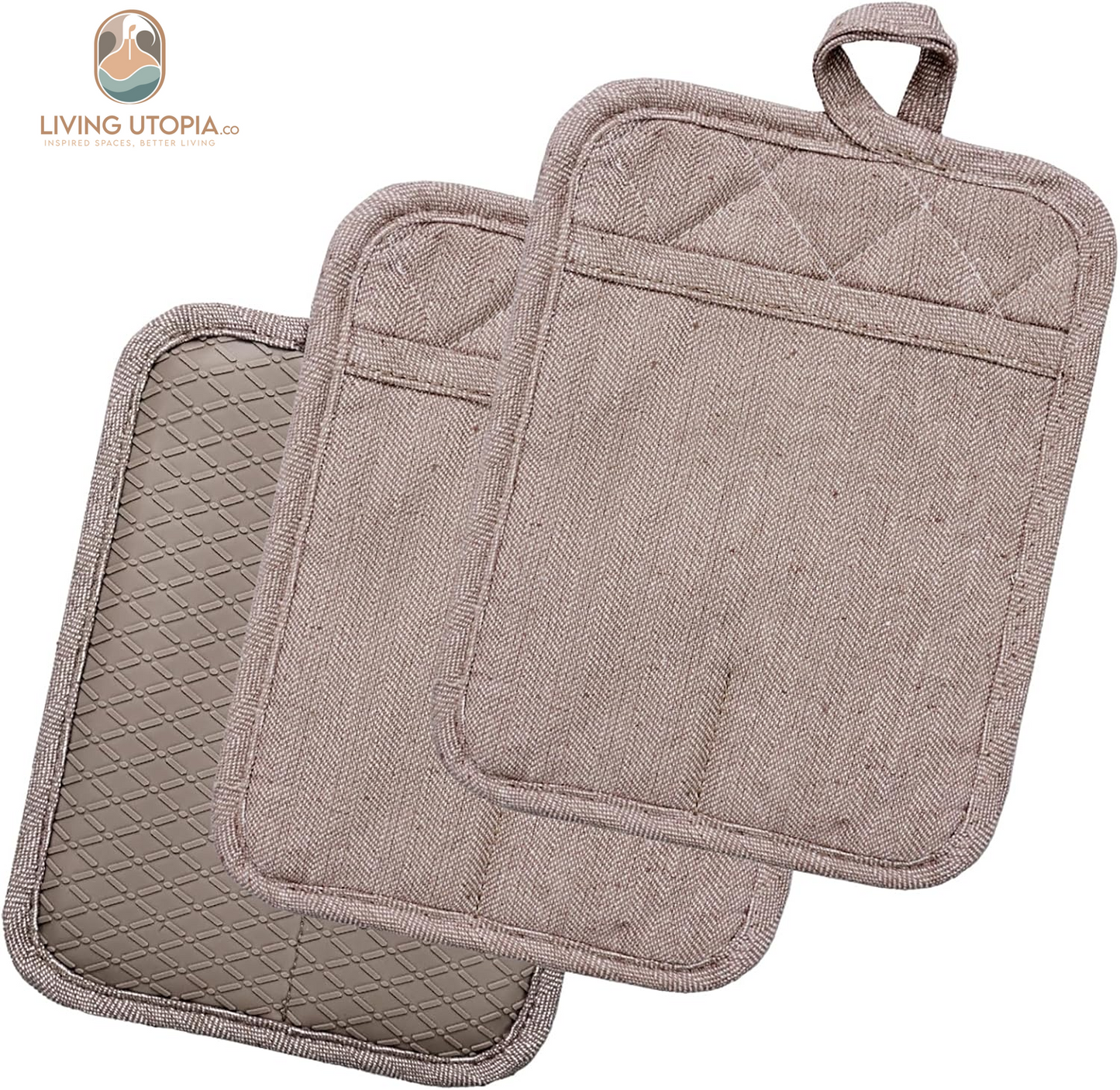 Pot Holders Yarn-Dyed Set of 3 Non Slip Silicone Kitchen Lines Heat Resistant 500℉ Kitchen Gloves BBQ Cooking Baking Cooking Barbecue Microwave Machine Washable (Khaki Pot Holders)