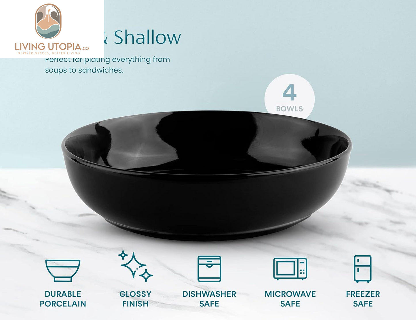 Pasta Bowl, Salad Bowls, Soup, Serving Bowls, Ceramic, Large Capacity, Microwave & Dishwasher Safe, Set of 4, 40 Oz,(Black)