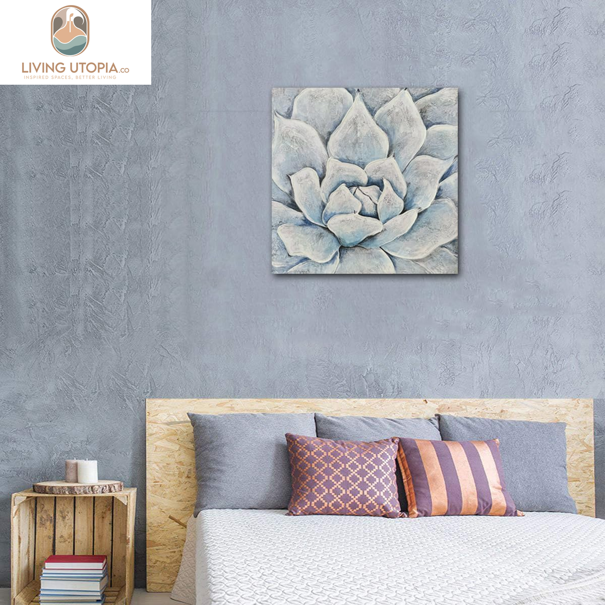 Blue White Succulent Textured Painting Floral Canvas Wall Art Flower Picture Elegant Wall Decor for Living Room Bathroom Bedroom