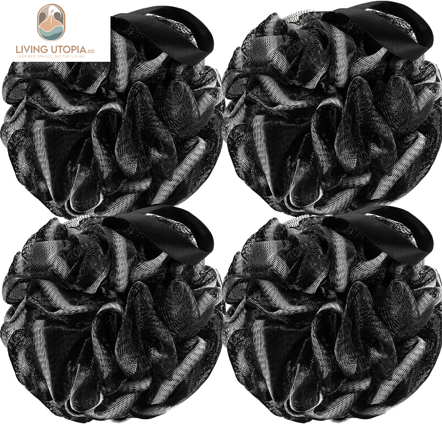 Bath Shower Loofah Sponge 60G Bath Mesh Pouf Shower Ball Body Scrubber Exfoliating Bath Sponge for Women and Men, Set of 4, Black