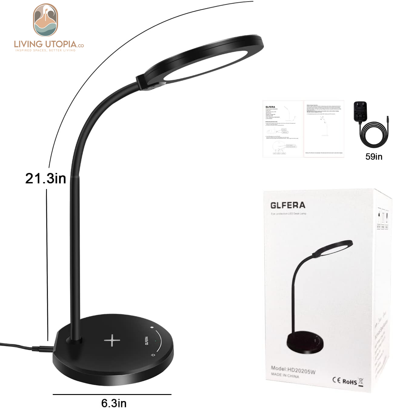 Desk Lamp, LED Desk Lamp with USB Charging Port, 5 Lighting Modes 10 Brightness Levels, Sensitive Control Eye-Caring Office Lamp Black
