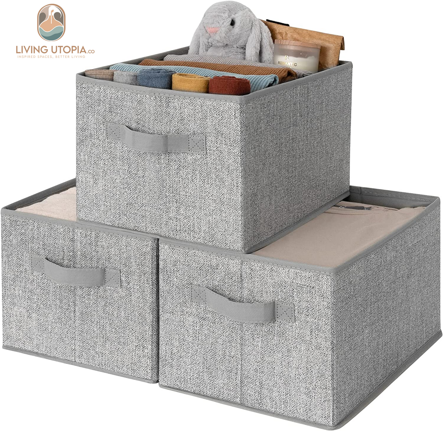 Gray Fabric Storage Bins with Handles (Set of 3)