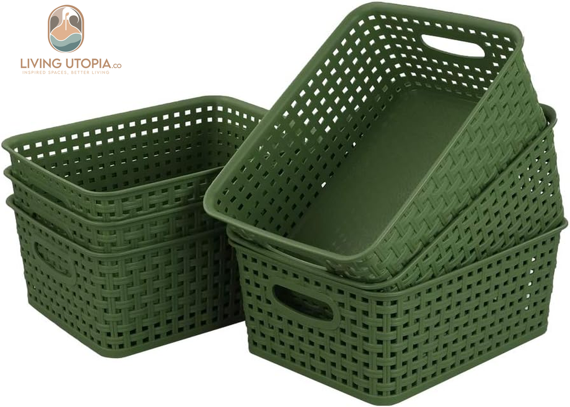 Plastic Weave Storage Baskets for Kitchen Bathroom, Green, 6 Packs