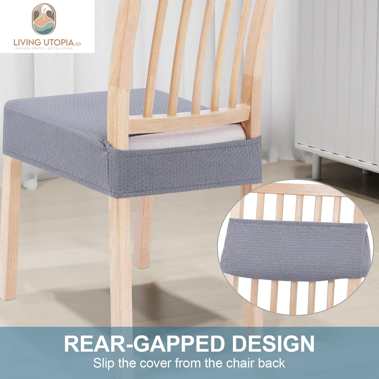 Stretch Jacquard Seat Covers for Dining Room Chairs Set of 6, Removable Washable Chair Seat Protector Slipcovers, No Rear Covers, Grey