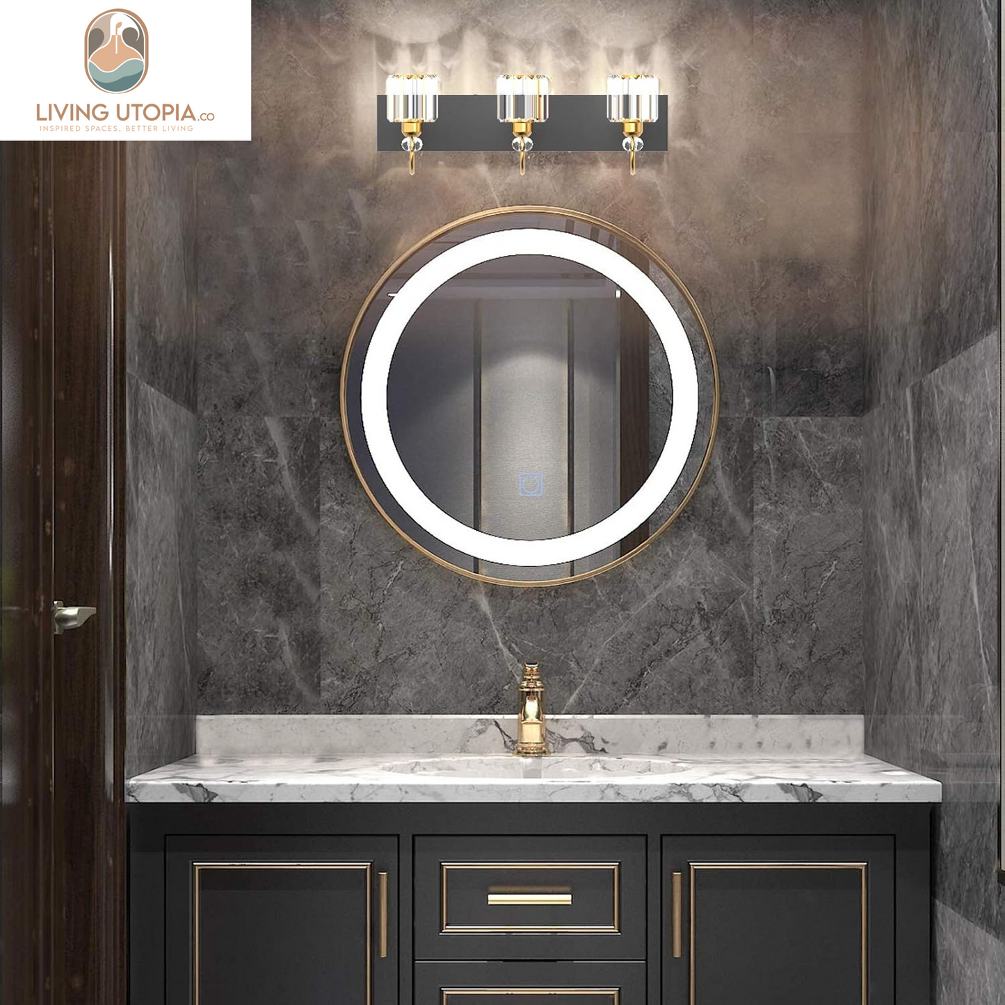Modern Bathroom Vanity Light Fixture, 3-Lights, Black Metal & Crystal, HJ-8600-3T
