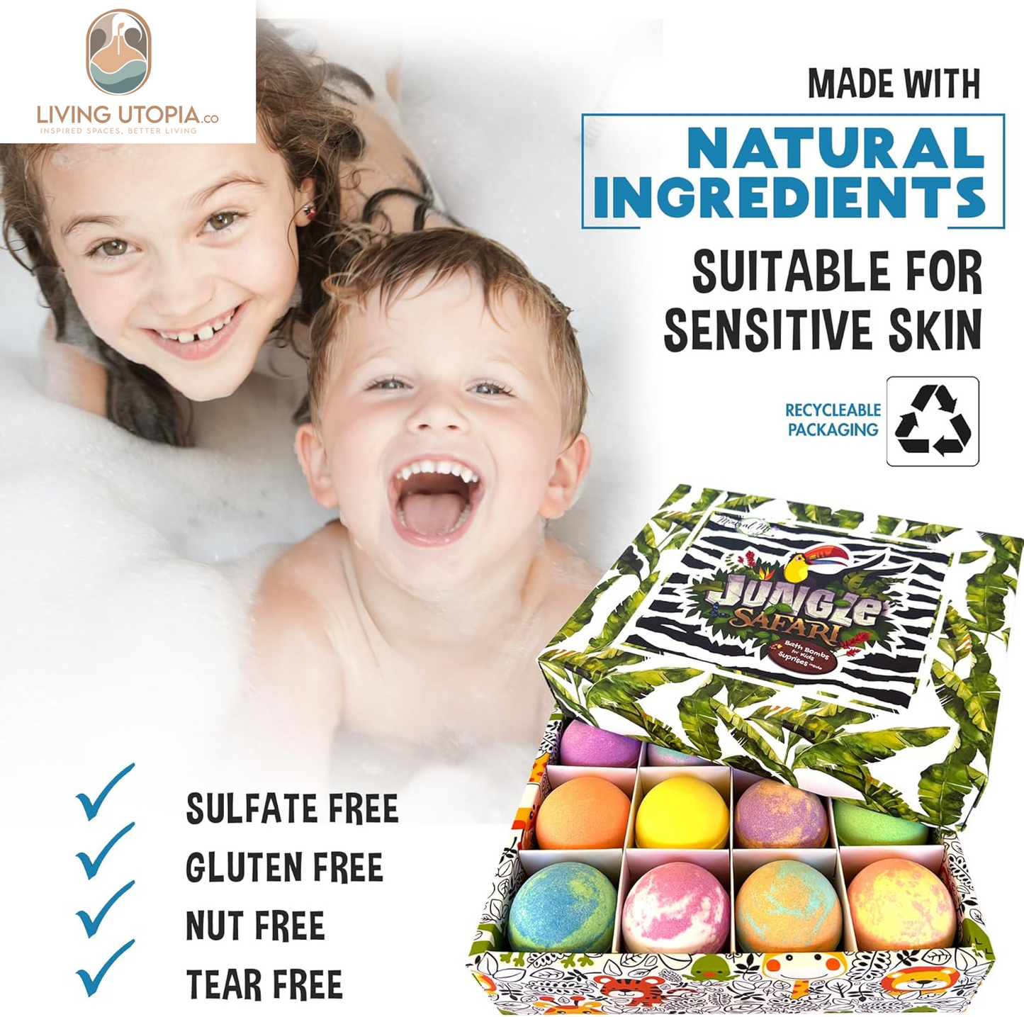 Bath Bombs for Kids with Surprise Inside, 12 Organic Bubble Bath Fizzies with Jungle Animal Toys. Moisturizing, Gentle & Kids Safe, Rainbow Spa Bath Fizz, Birthday Gifts for Kids, Boys, Girls