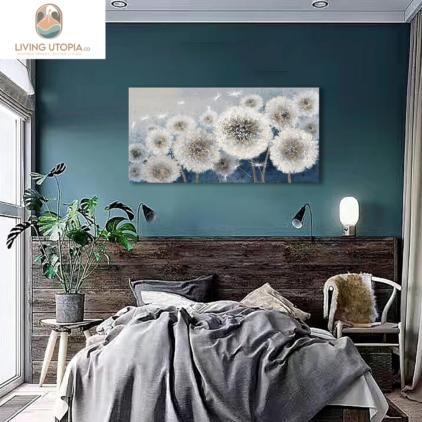 Wall Decor Living Room - Wall-Art for Living Room, Canvas Art/Pictures for Bedroom | Blue Dandelion 24X48 Inches Large Wall Art