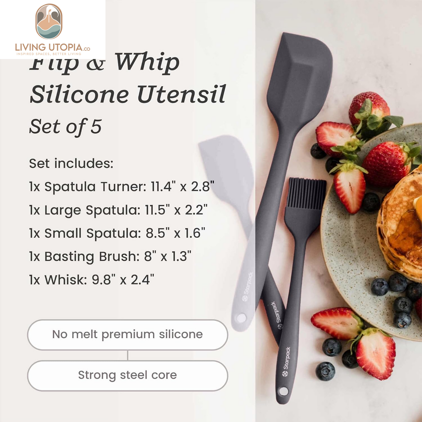 Starpack 'Flip & Whip' Premium Silicone Baking Utensils Set (5 Pcs) - Cooking Utensils with Heat Resistant to 600°F - Baking Utensils - Large & Small Spatulas, Whisk & Basting - Brush Baking Tool Set