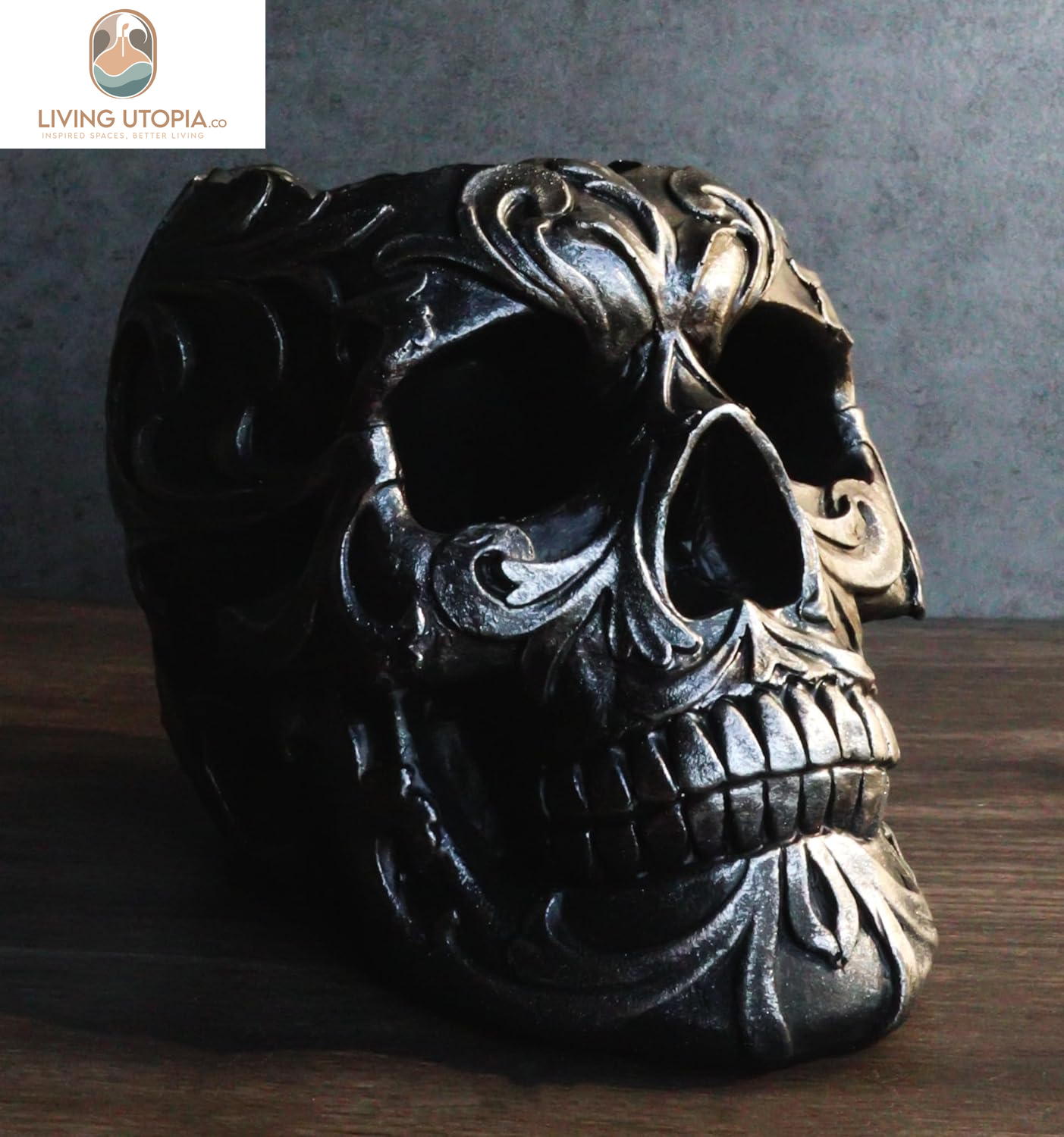 Set of 2 Tribal Tattoo Floral Skull Pen Holder Figurine 5.75" L Office Desktop Ossuary Skulls Decor Cranium Skeleton Head Stationery Holder as Halloween Macabre Graveyard Spooky Statue