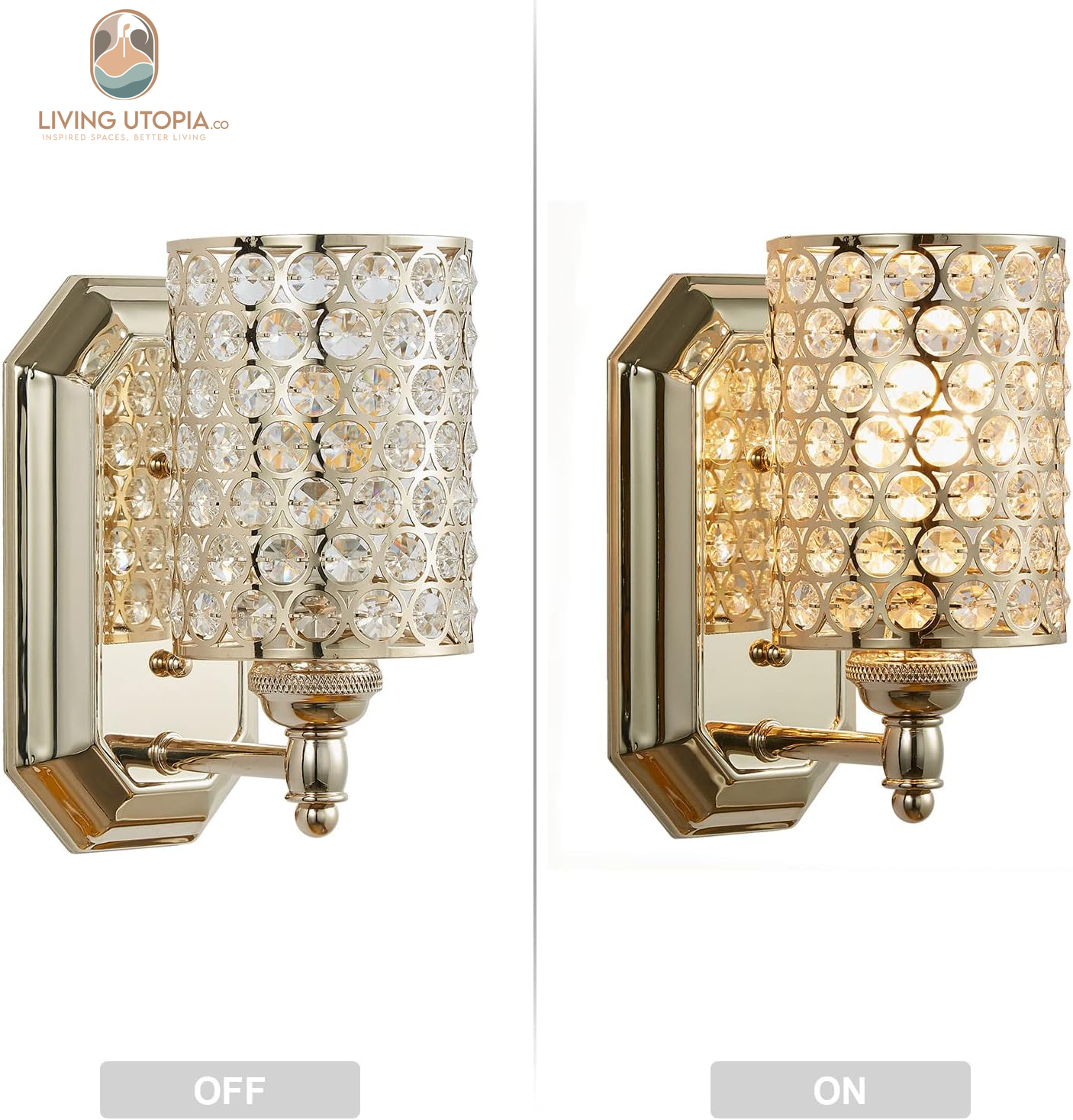 2 Pack 1 Light Crystal Wall Sconce Lighting with Champagne Finish,Modern Concise Style Wall Light Fixture Polyhedral Crystal Shade for Bathroom, Bedroom Living Room Bedside
