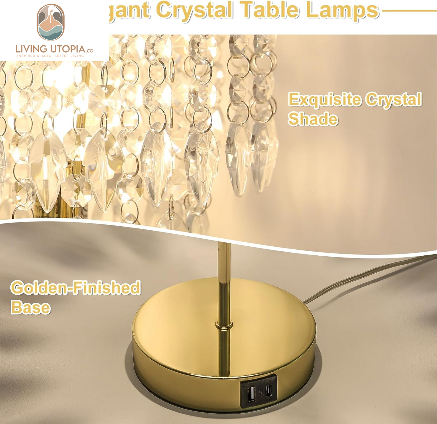 Crystal Table Lamp Set of 2, 3-Way Dimmable Nightstand Lamp with 2 USB Charging Ports, Gold Bedside Lamp for Bedroom, Touch Lamp with Elegant Shade for Living Room, B11 LED Bulb Included