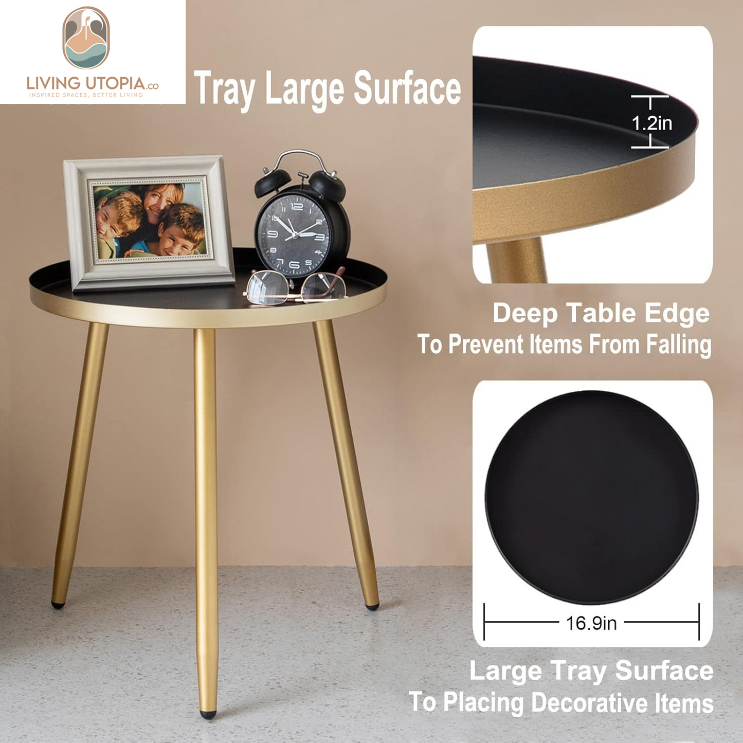 Round Black Side Table with Gold Legs