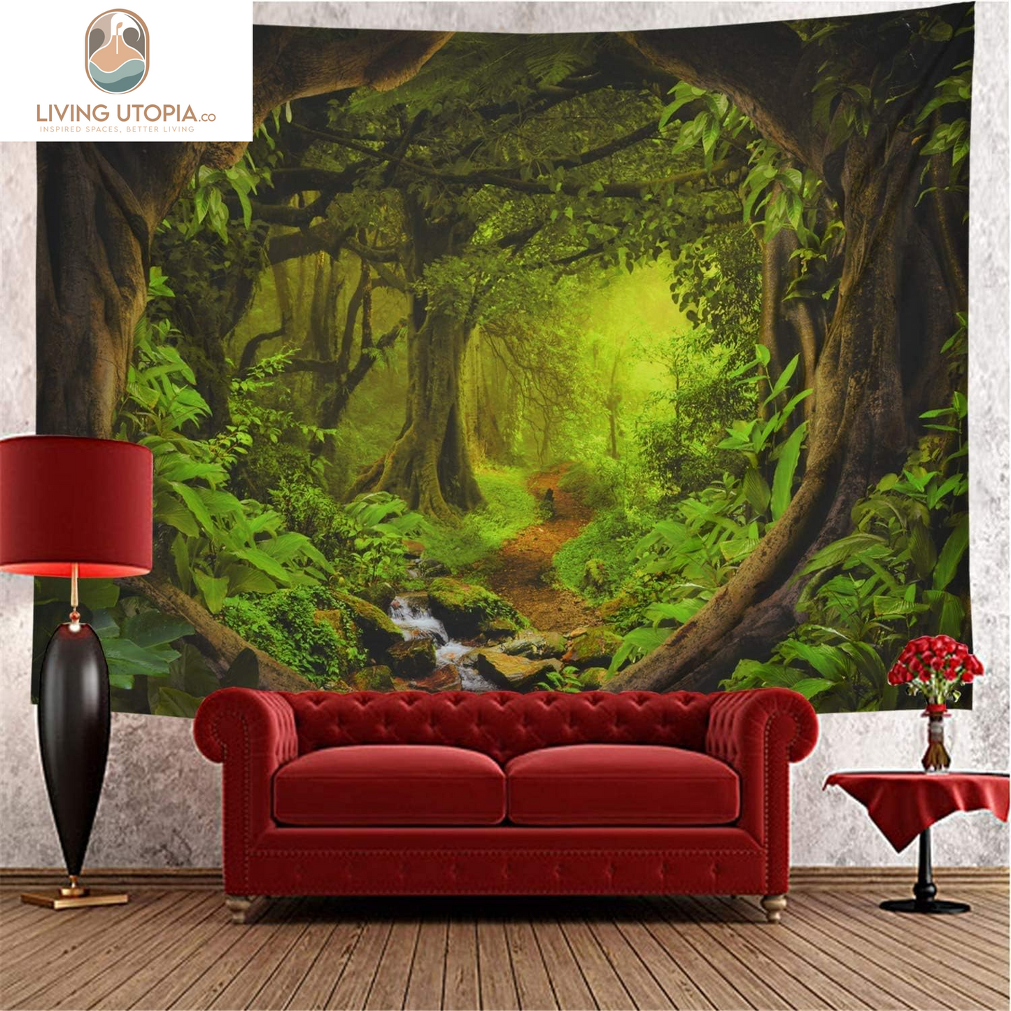 Forest Nature Tapestry - Tree Cave Wall Hanging, Misty Forest Stream through Rainforest Landscape, Jungle Creek Psychedelic for Living Room