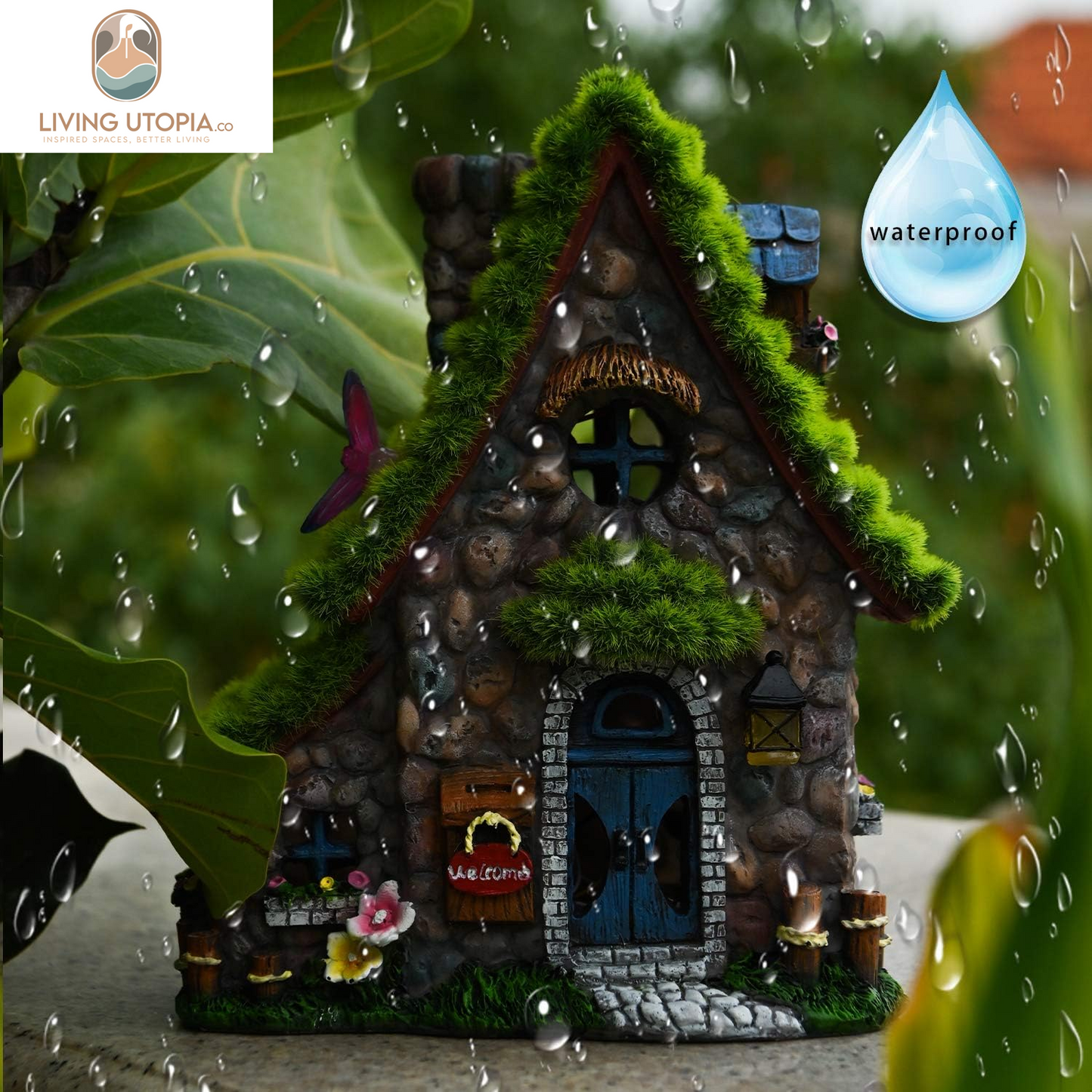 Resin Fairy House Statues with Solar Powered Lights, Funny Garden Sculptures with Flocked and Cobblestone Decor, Exquisite Garden Cottage Figurines