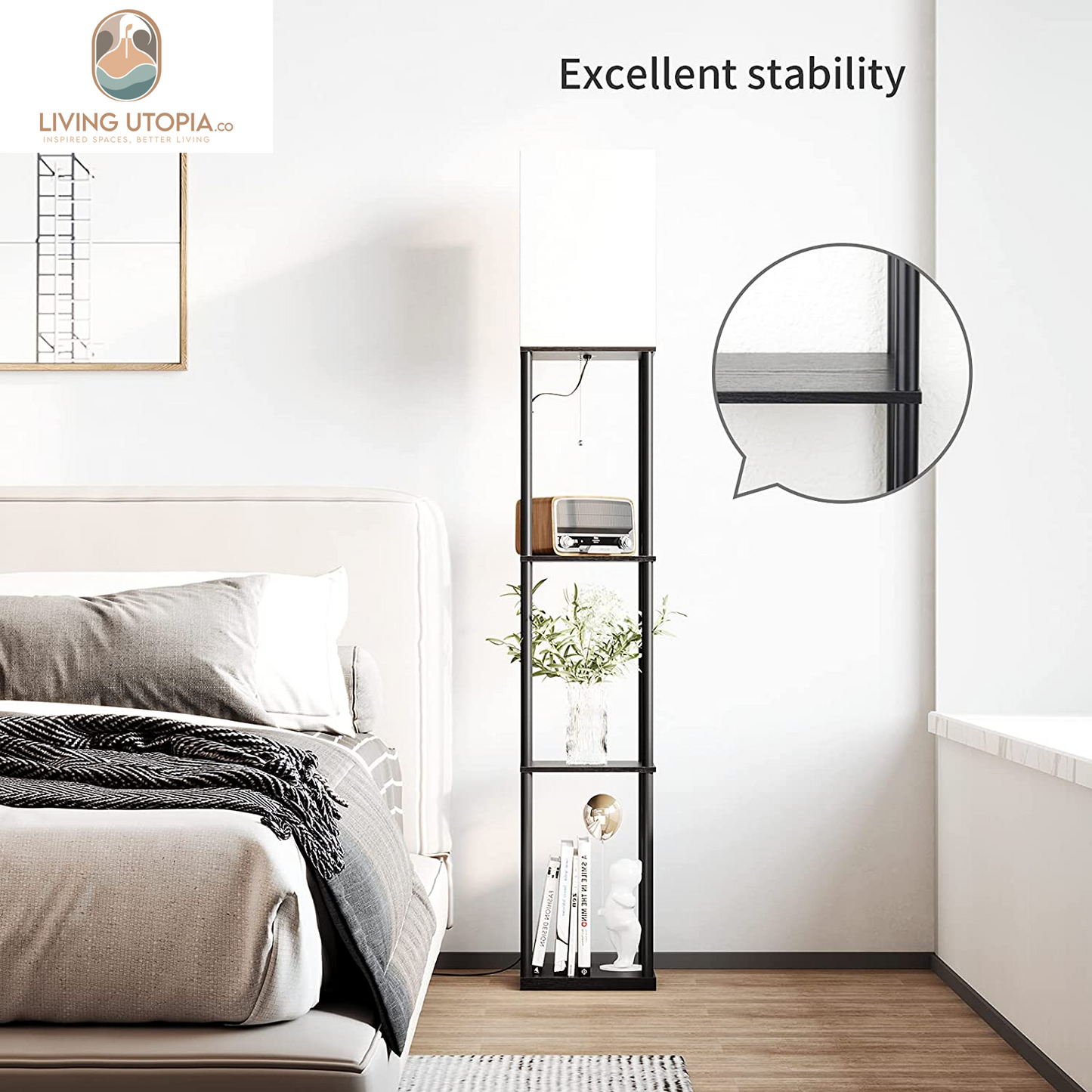Floor Lamp with Shelves, Modern Square Standing Lamp with 3 Color Temperature Bulb, Corner Display Bookshelf Lamp for Living Room and Bedroom(Black)