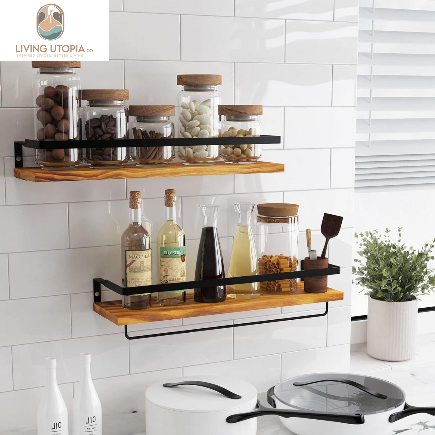 Floating Shelves for Wall, Bathroom Shelves with Towel Bar, Wall Mounted Storage Shelves for Kitchen, Bathroom, Set of 2 Carbonized Black
