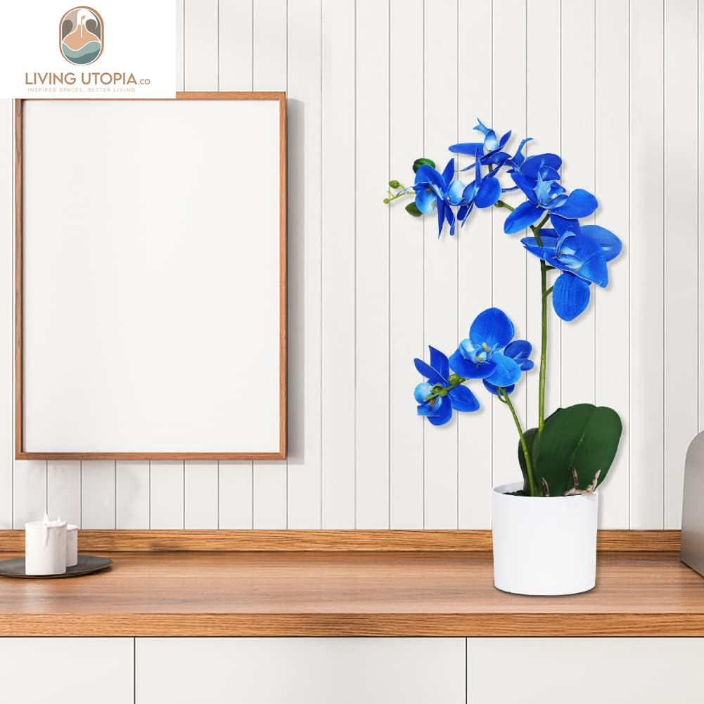 Blue Orchid Artificial Flowers in Pot, Fake Potted Orchid Flowers, Decoration for Home Office Wedding