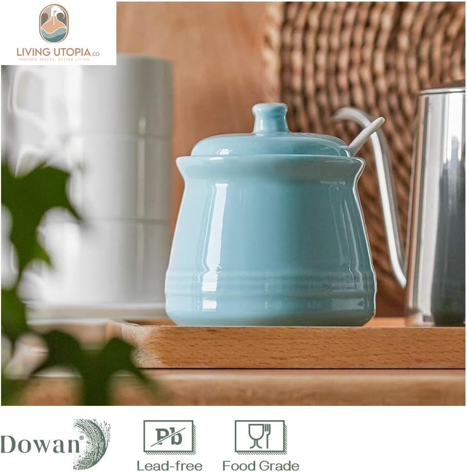 Sugar Bowl with Lid and Spoon,12Oz Ceramic Sugar Holder for Coffee Bar, Countertop, Sugar and Creamer Bowl, Kitchen Accessories and Decor, Teal