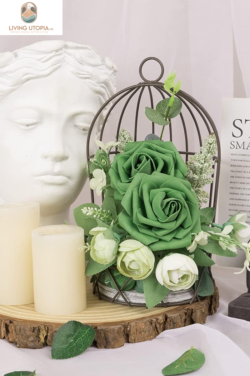 Artificial Flowers Roses Army Green Foam Rose 50Pcs Fake Flowers with Stem for DIY Wedding Bouquets Centerpieces Bridal Baby Shower Party Home Shower Arrangement Decoration