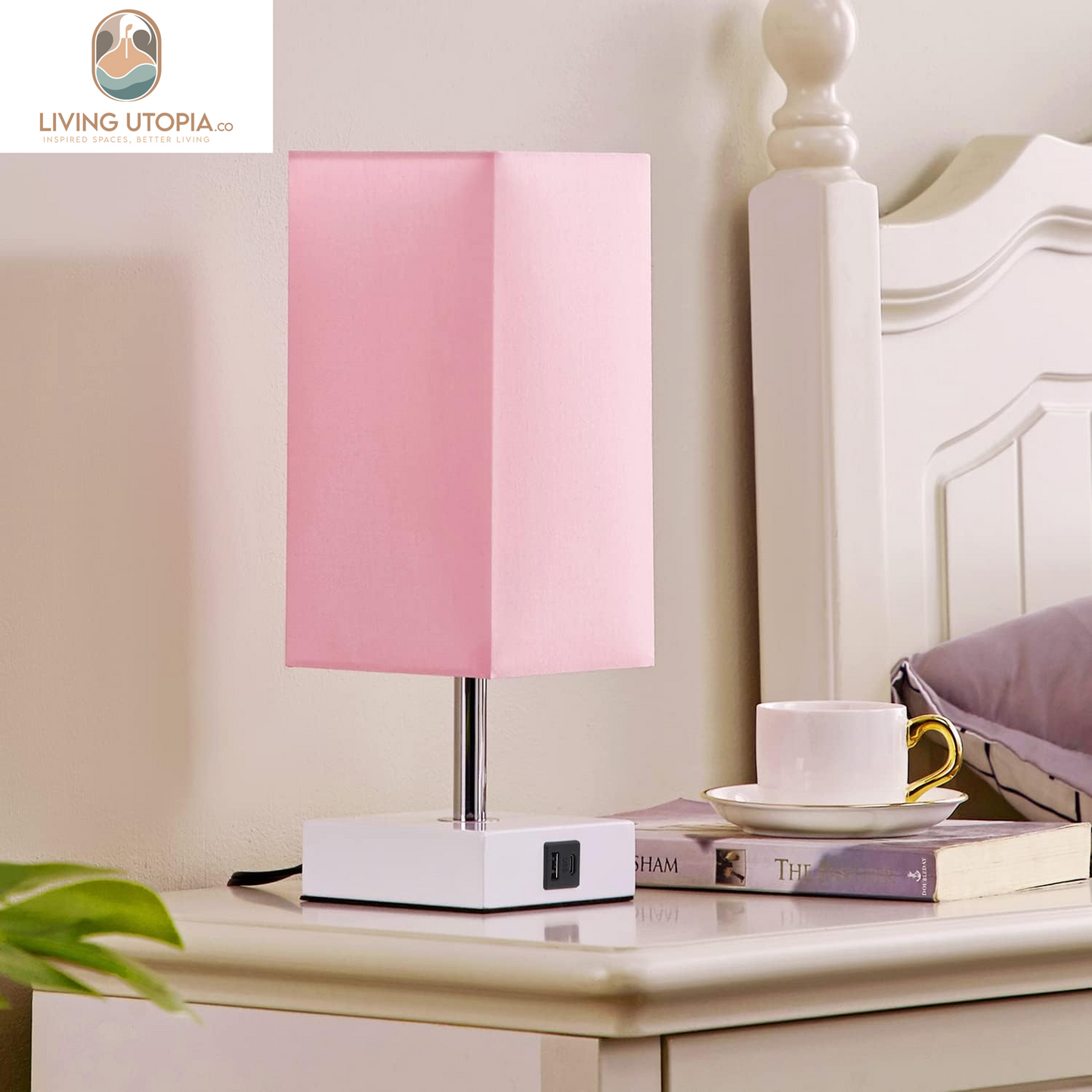 Touch Control Table Lamp with 2 USB Charging Ports, 3 Way Touch Lamps beside Desk, Nightstand Lamp for Bedrooms Living Room, Pink Shade with White Base, LED Bulb Included(Pink)
