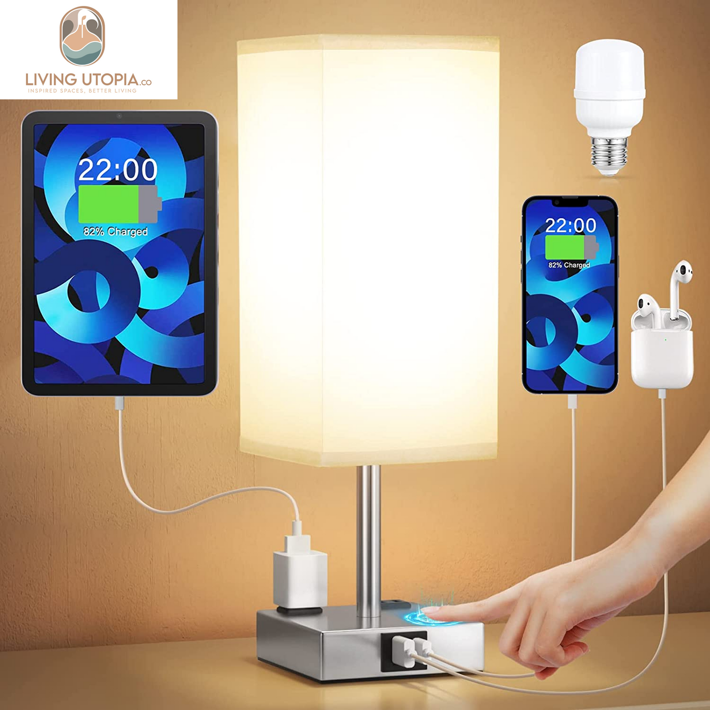【Upgraded】Bedside Table Lamp Touch Control, with USB C+A Charging Ports & Dual AC Outlets, 3-Way Nightstand Lamp for Bedroom with Lampshade Living Room Office(Led Dimmable Bulb Included)
