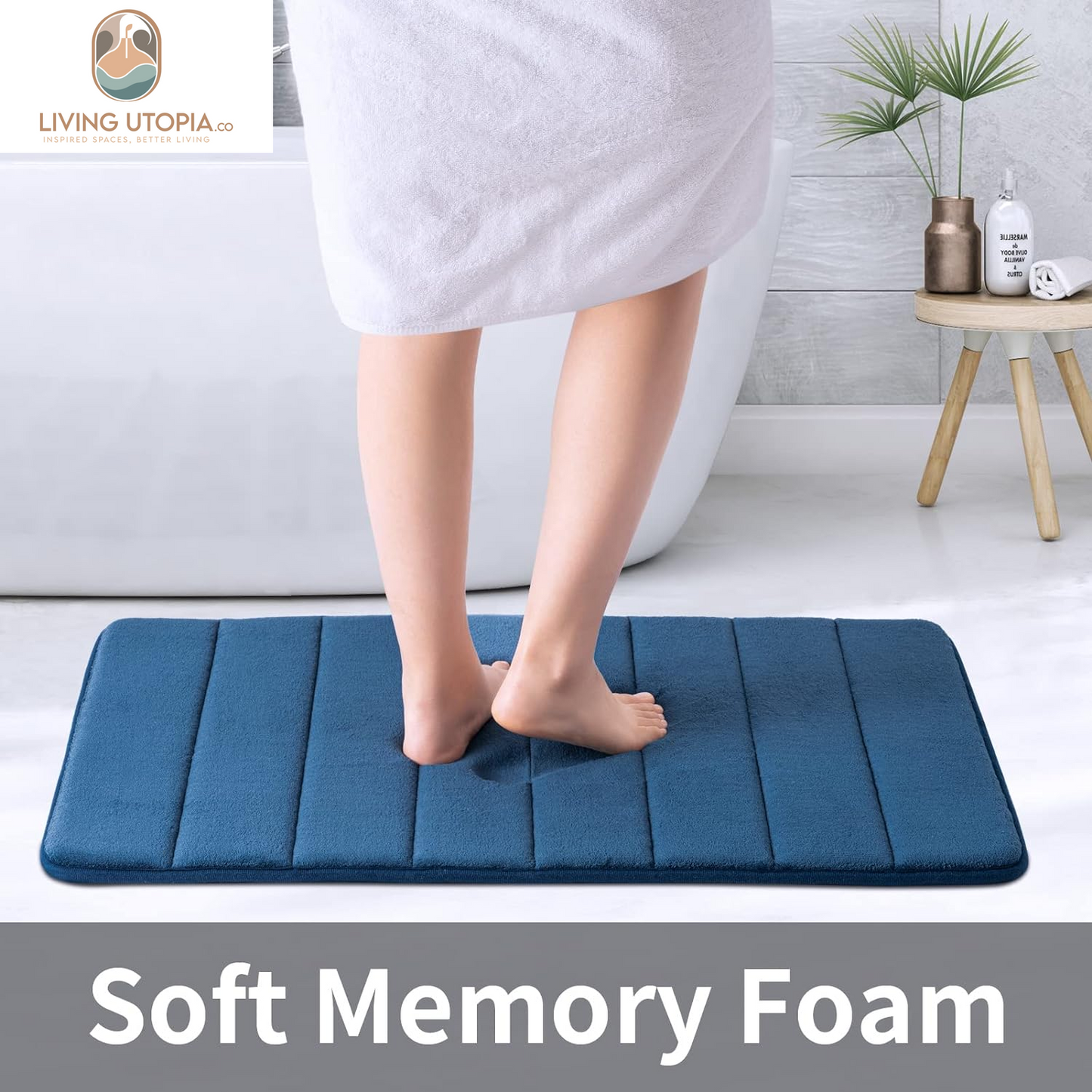 Memory Foam Bath Mat 20” X 32”, Water Absorbent Shower Mat, Thick Bath Rugs for Bathroom Non Slip with PVC Backing, Ultra Soft Bathroom Rugs for Bathroom Floor & Tub, Navy