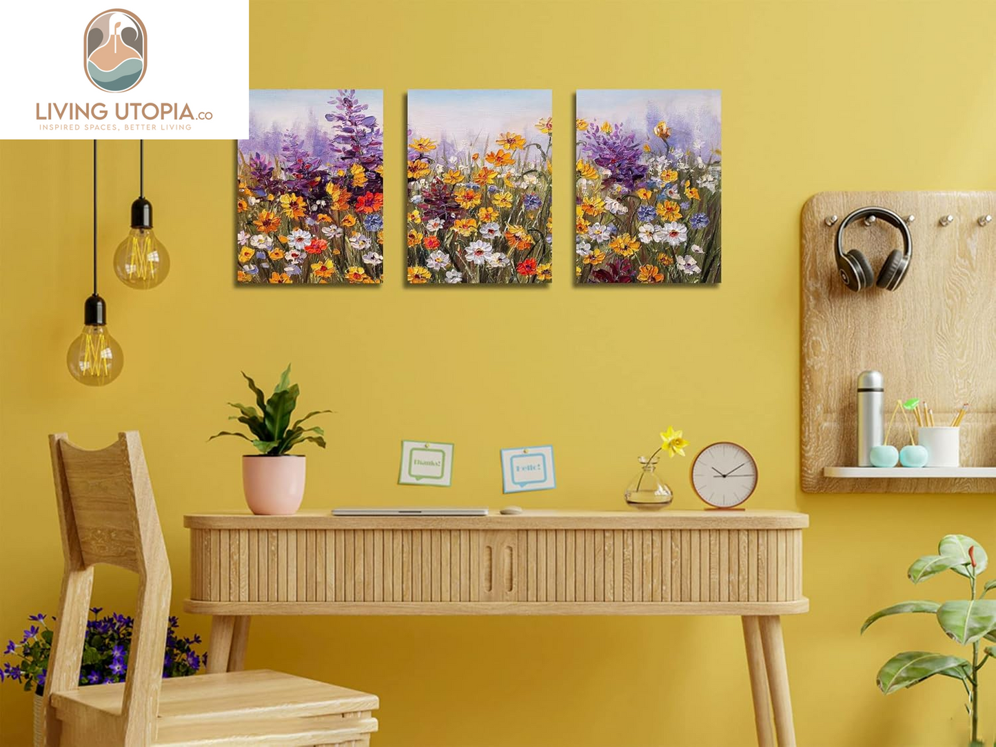 Flower Wall Art Daisy Colorful Canvas Romantic Floral Pictures Purple Yellow Painting, Wildflower Landscape Artwork Framed for Living Room Bedroom Bathroom Dinning Room Home Office Wall Decor