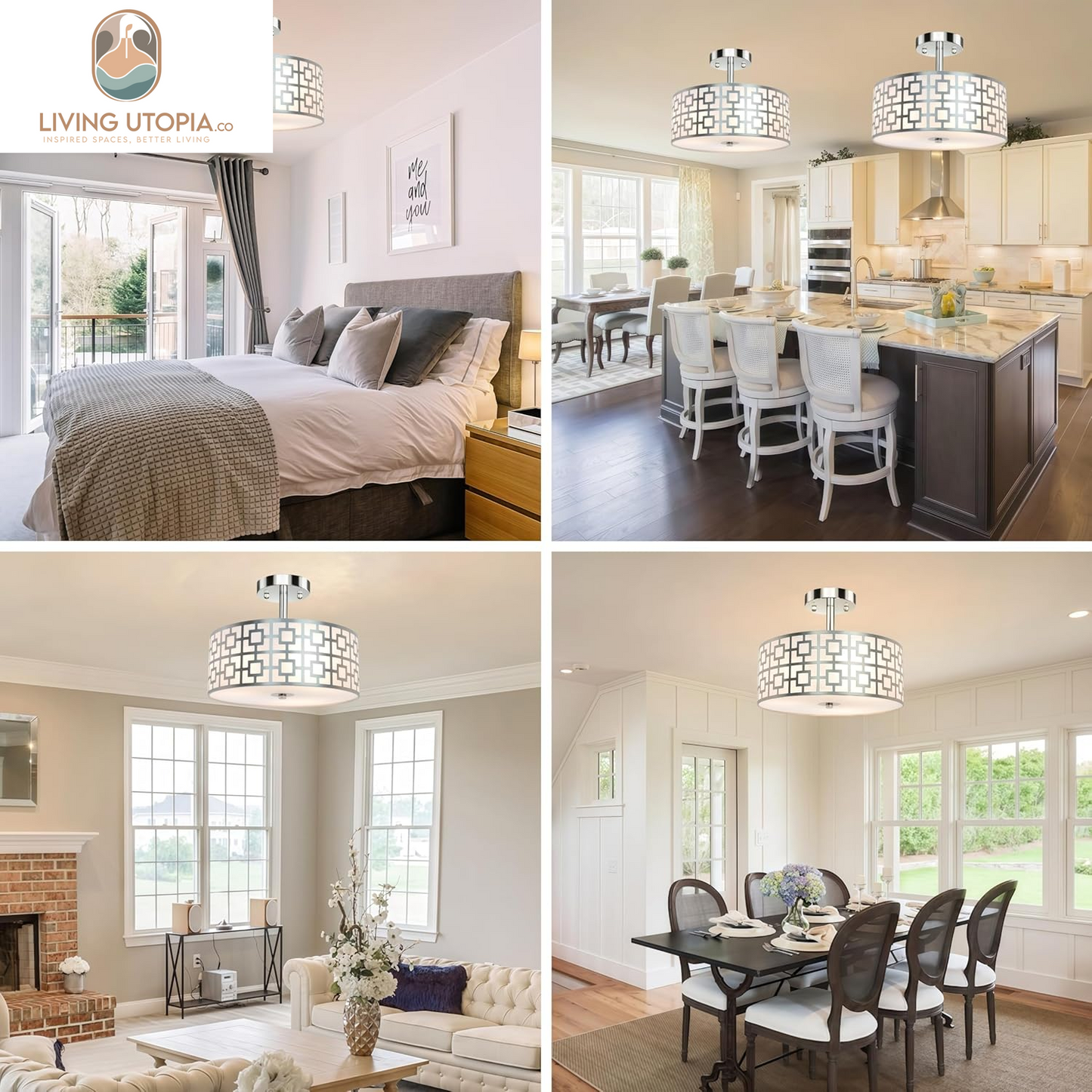 DLLT Flush Mount Ceiling Light: Modern 3-Light Brushed Nickel Kitchen Light Fixture - Drum Lighting Fixture for Dining Room - Silver Bedroom Ceiling Lamp with Double Shade