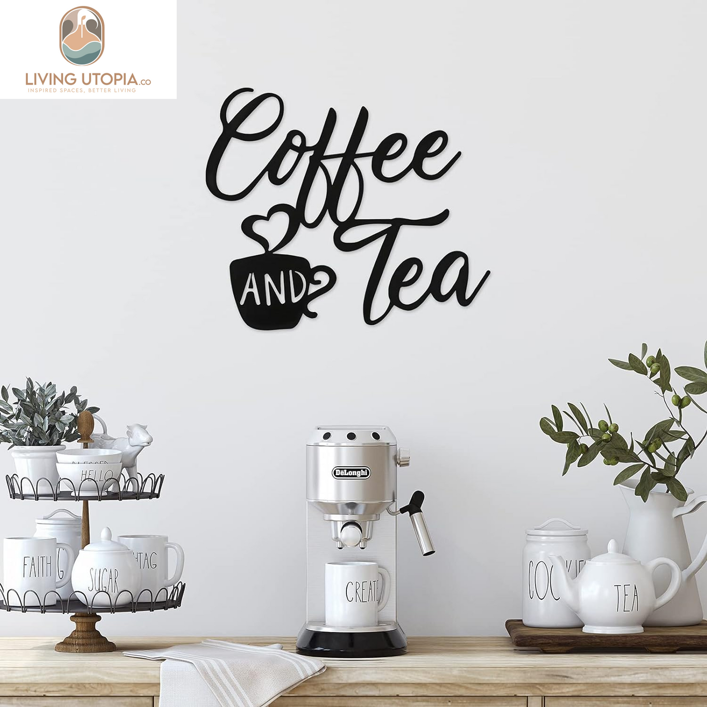 Coffee Sign Metal Hanging Wall Art 12 X 10.2 Inch Black Wall Decor Cafe Bar Letter Sign for Cafe Farmhouse Kitchen(Coffee and Tea)
