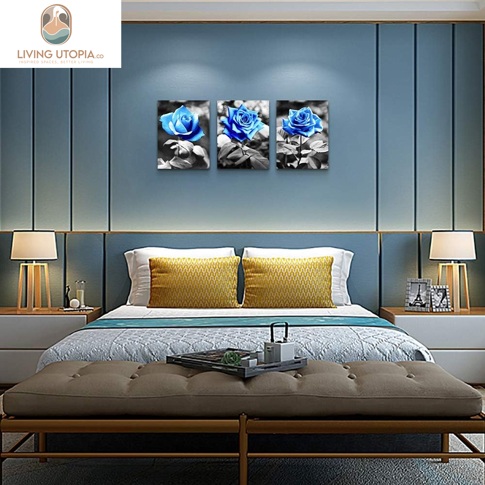 Bedroom Wall Art for Living Room Bathroom Wall Decor for Kitchen Family Pictures Artwork Black and White Blue Rose Flowers Canvas Paintings 12" X 16" 3 Pieces Framed Modern Office Home Decorations