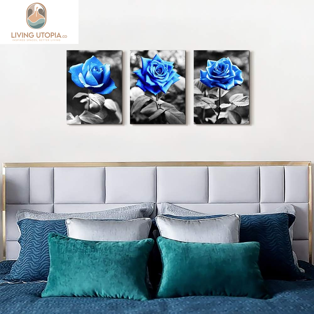 Bedroom Wall Art for Living Room Bathroom Wall Decor for Kitchen Family Pictures Artwork Black and White Blue Rose Flowers Canvas Paintings 12" X 16" 3 Pieces Framed Modern Office Home Decorations