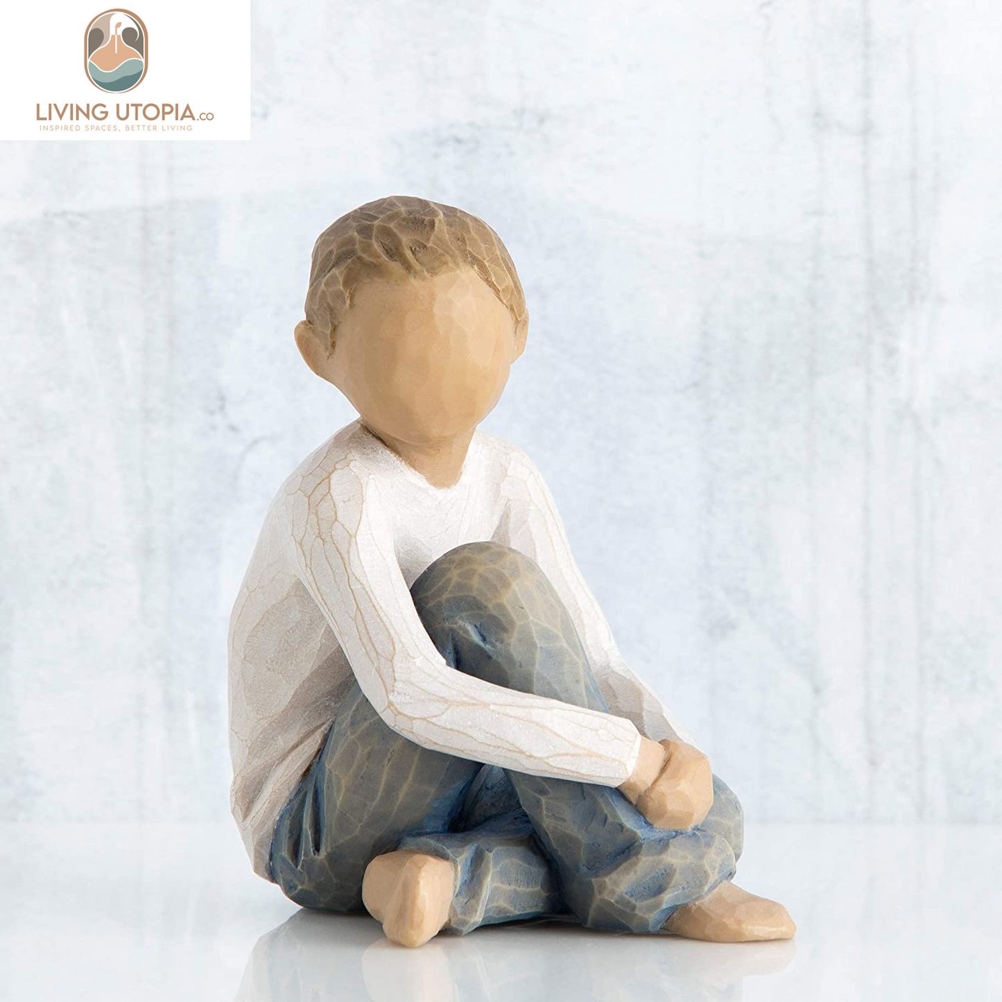 Caring Child, Nurtured by Your Loving Care, Seated Boy Figure in Blue Jeans, Works Well in Groupings That Reflect Family Relationships, Sculpted Hand-Painted Figure