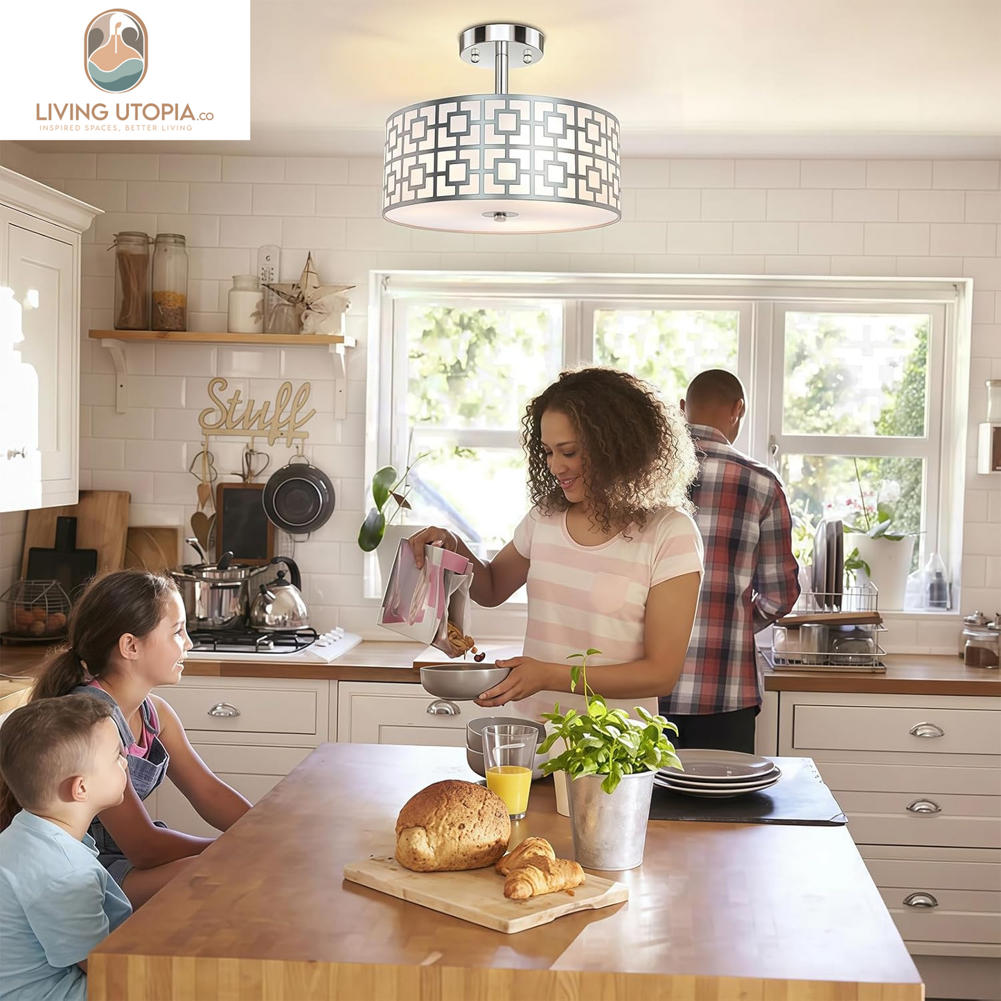 DLLT Flush Mount Ceiling Light: Modern 3-Light Brushed Nickel Kitchen Light Fixture - Drum Lighting Fixture for Dining Room - Silver Bedroom Ceiling Lamp with Double Shade