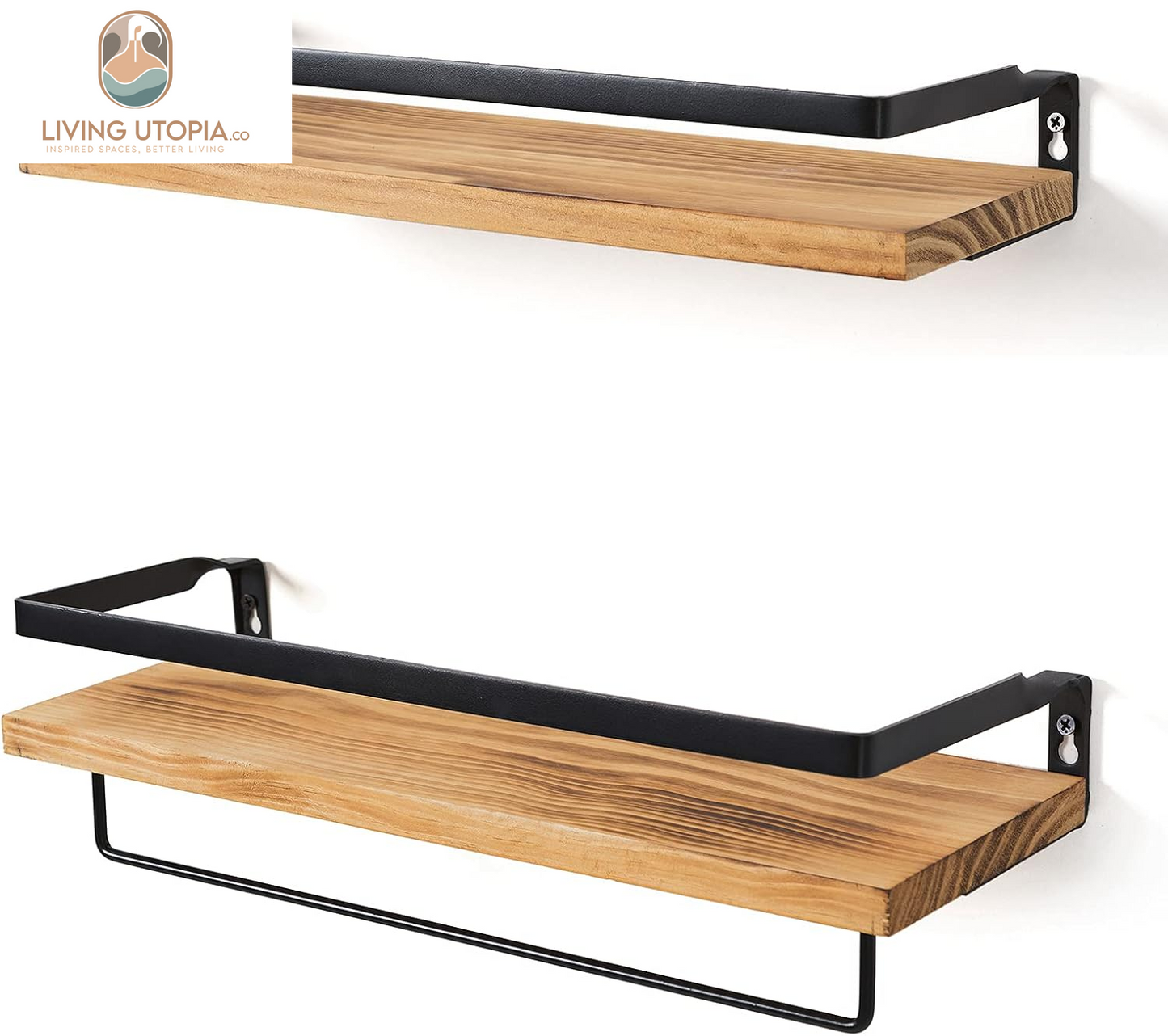 Floating Shelves for Wall, Bathroom Shelves with Towel Bar, Wall Mounted Storage Shelves for Kitchen, Bathroom, Set of 2 Carbonized Black