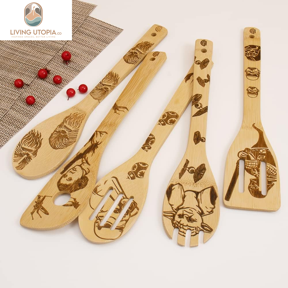 5 PCS Star War Burned Wooden Spoons Cooking Organic Spoons Turners Carved Spatulas Non-Stick for Cookware Kitchen Gadgets - Premium Quality Gifts for Housewarming and Wedding