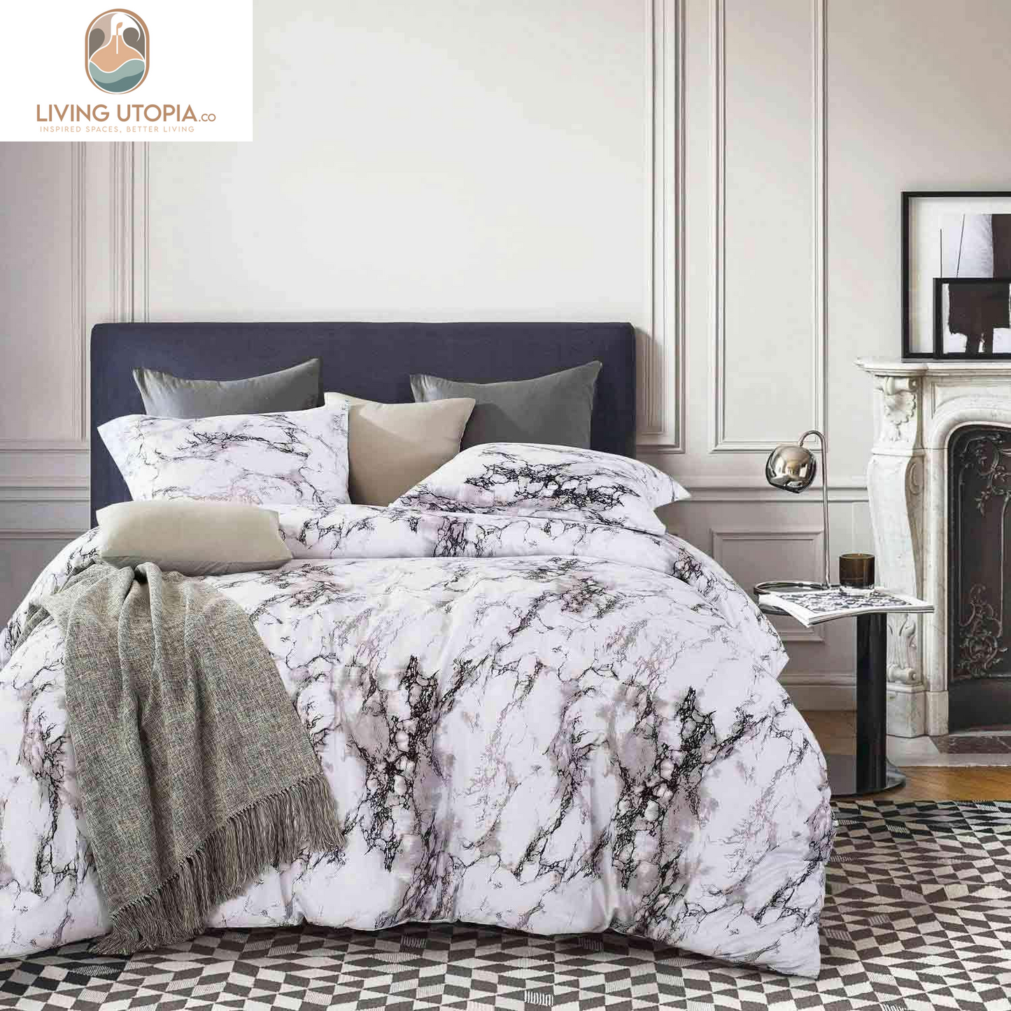 Comforter Set Queen Size, White Black Marble Print 88 X 90 Inch Reversible down Alternative Comforter Microfiber Duvet Sets (1 Comforter + 2 Pillow) Modern Bedding for Women Men,Gray Grey